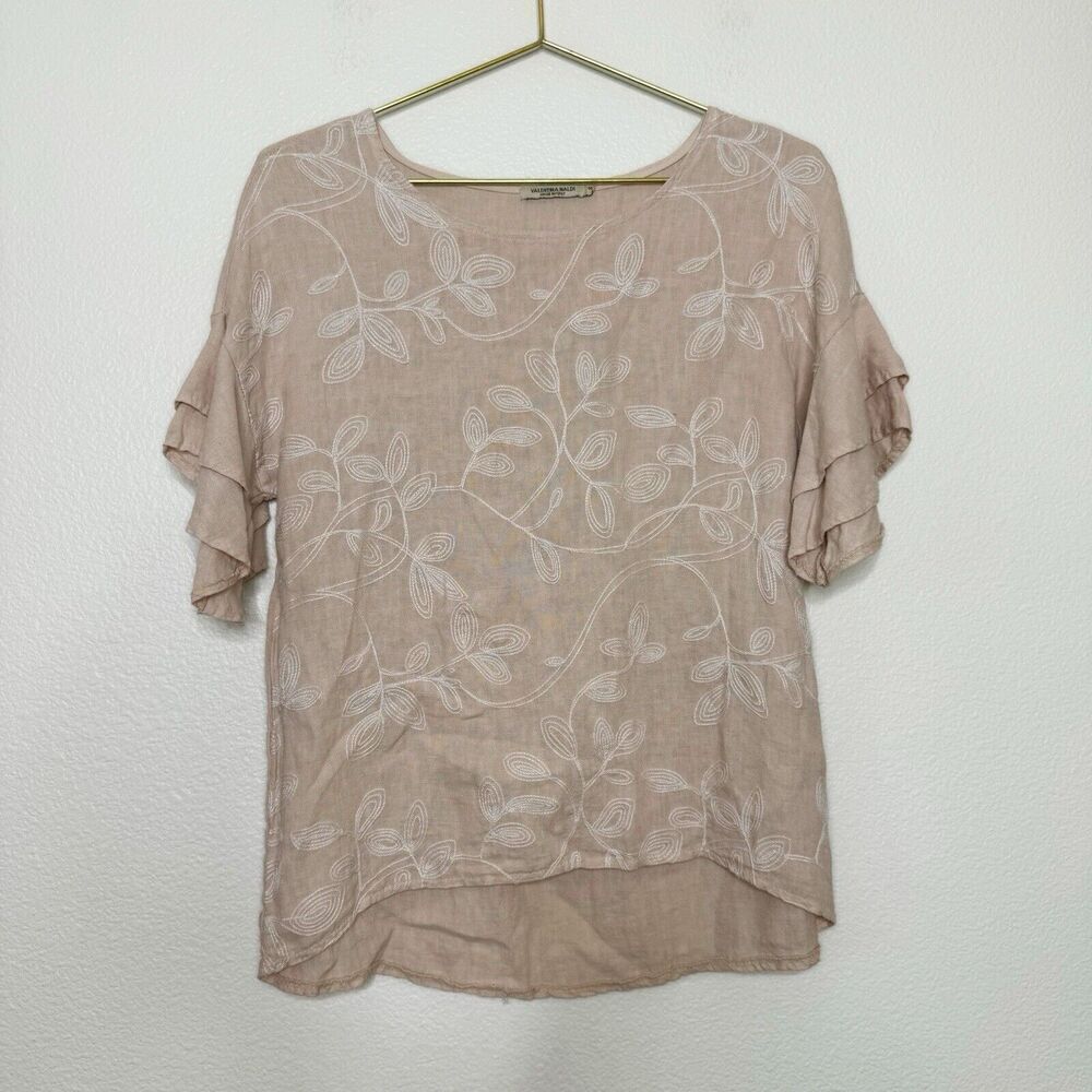 Valentina Naldi Top Small Linen Pink Floral Embroidered Ruffle Short Sleeve